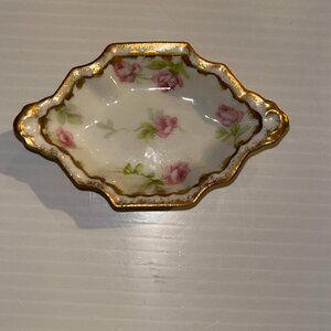 Limoges-Elite France Porcelain Trinket Dish, Pink Roses, Gold Trim
